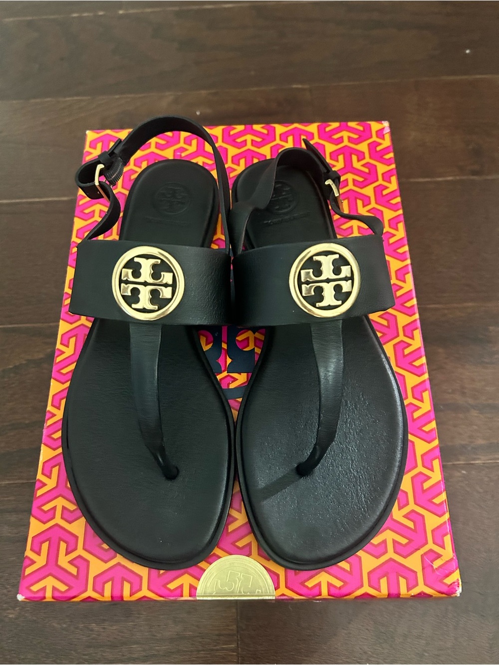 Tory Burch Black Leather Logo Thong Sandals with Gold Emblem